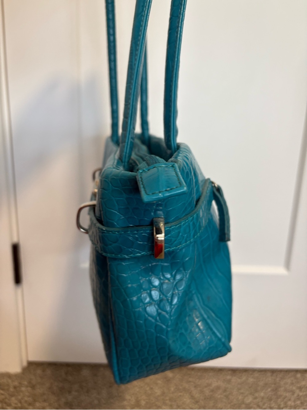 Y2K Joanel Teal Croc-Embossed Leather Shoulder Bag - Picture 5 of 15
